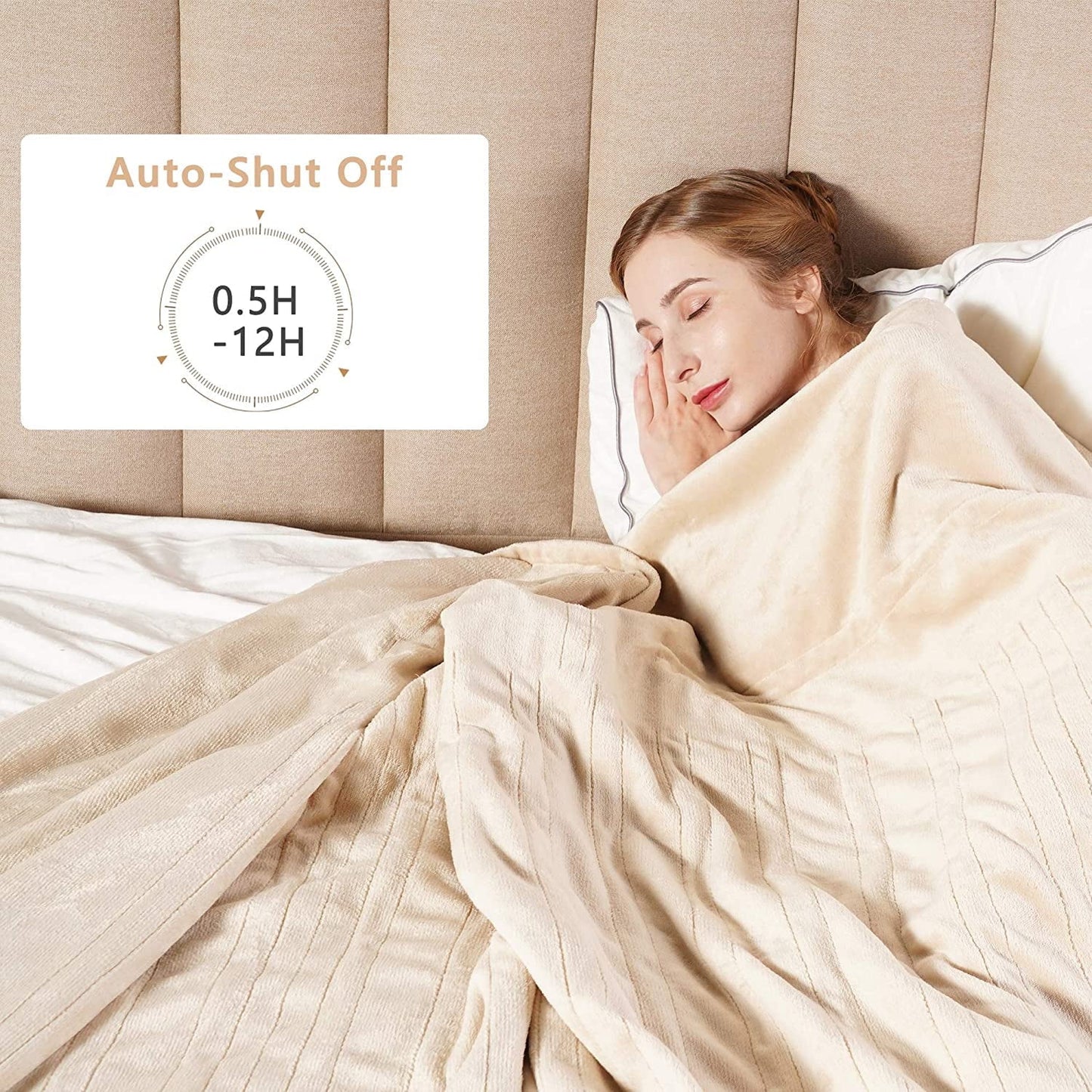 Electric Blanket King Size 90"X100" Flannel Heated Throw Blanket, Dual Controls Setting Electric Blanket, 10 Heating Levels, 12H Auto-Off, Beige