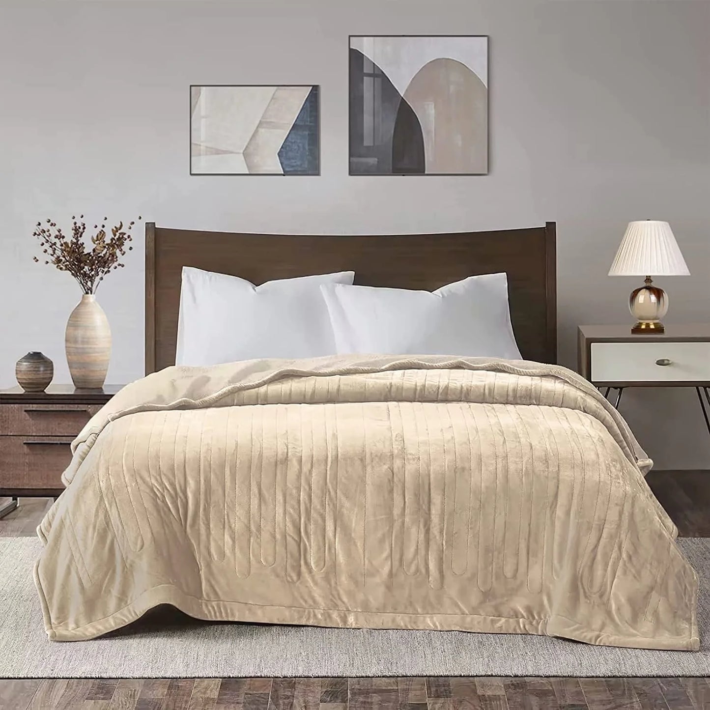 Electric Blanket King Size 90"X100" Flannel Heated Throw Blanket, Dual Controls Setting Electric Blanket, 10 Heating Levels, 12H Auto-Off, Beige