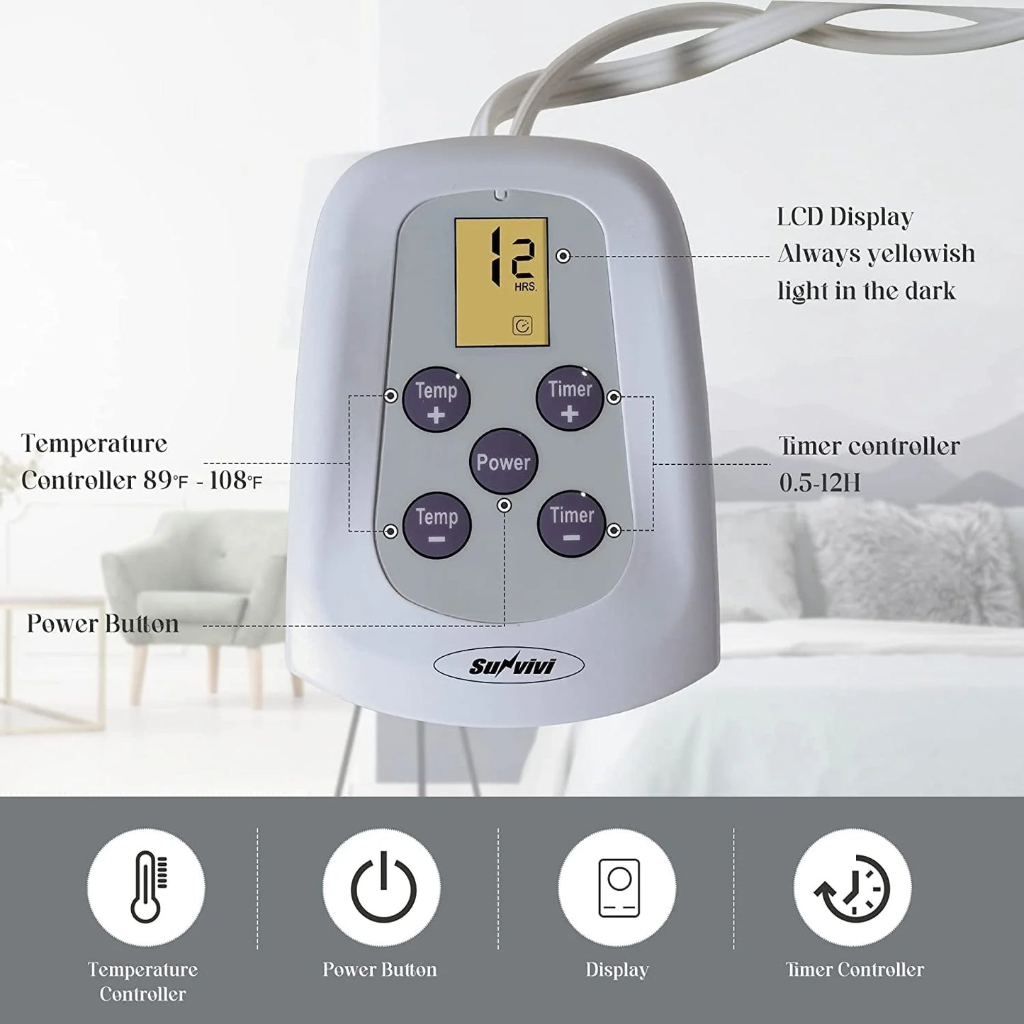 Electric Blanket King Size 90"X100" Flannel Heated Throw Blanket, Dual Controls Setting Electric Blanket, 10 Heating Levels, 12H Auto-Off, Beige