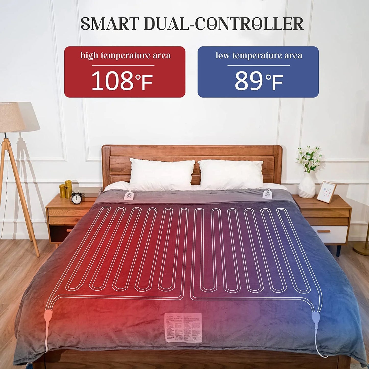 Electric Blanket King Size 90"X100" Flannel Heated Throw Blanket, Dual Controls Setting Electric Blanket, 10 Heating Levels, 12H Auto-Off, Beige