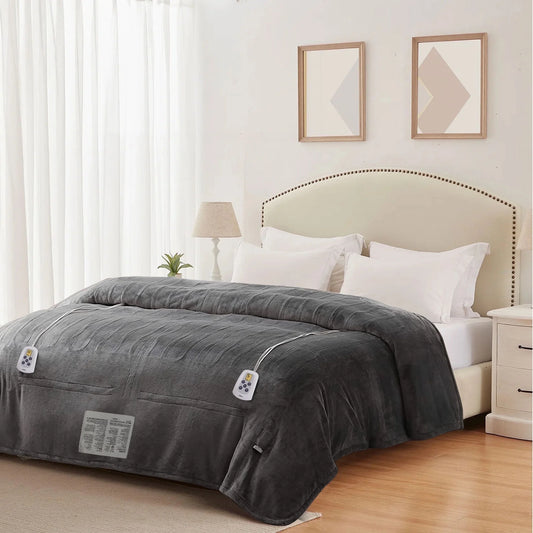 Electric Blanket Queen Size with Dual Control, 10 Heating Levels& 12 Hours Auto-Off, Overheat Protection, Grey