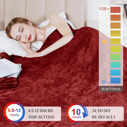 Heated Blanket Queen Size, Heating Electric Throw Blanket Dual Control, Soft Velvet, 10 Heat Settings, 12 Hours Auto Off, Red