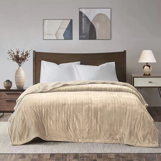 Electric Blanket King Size 90"X100" Flannel Heated Throw Blanket, Dual Controls Setting Electric Blanket, 10 Heating Levels, 12H Auto-Off, Beige